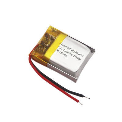 얇은 IoT 배터리 팩 충전식 맞춤형 3.7 V 75mAh LiPo 배터리 651417
